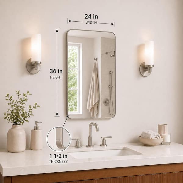 24 in. W x 36 in. H Rectangular Framed Wall Bathroom Vanity Mirror in Brushed Nickel