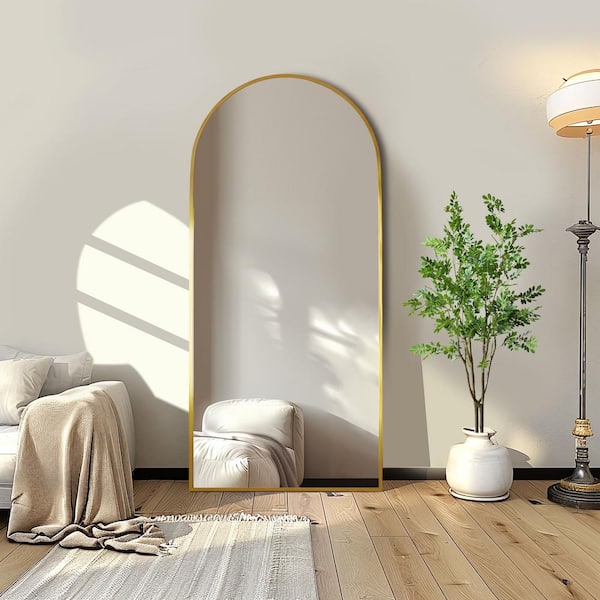 Lirago 28 in. W. x 59 in. H Full Length Arched Free Standing Body Mirror, Metal Framed Wall Mirror, Large Floor Mirror in Gold