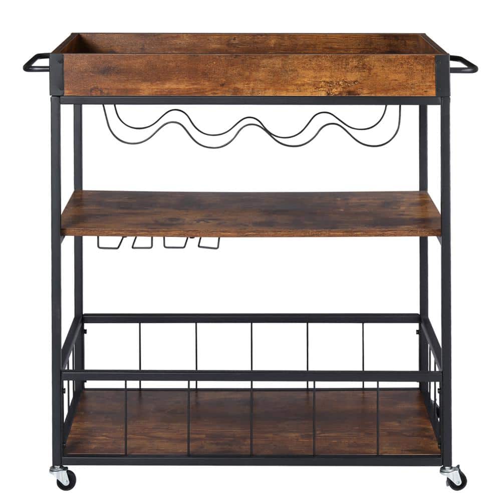 WOODYHOME 3Tire Vintage Brown Kitchen Bar Cart on Wheels with Handle