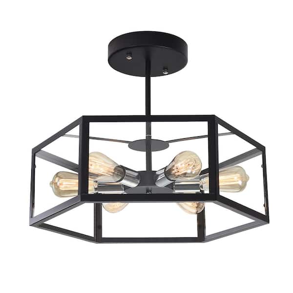 RRTYO 21.65 in. 6-Light Black Industrial Kitchen Island Hexagonal Semi Flush Mount Ceiling Light with Acrylic Shade