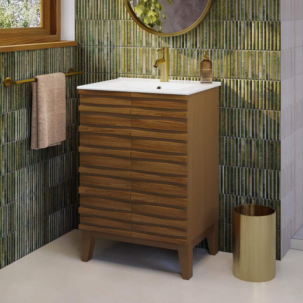 Cascade 24" Brown Oak Freestanding Bathroom Vanity with White Ceramic Top