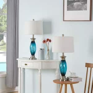 Richmond 27 in. Blue/Nickel Table Lamp Set With White Shade (Set of 2)