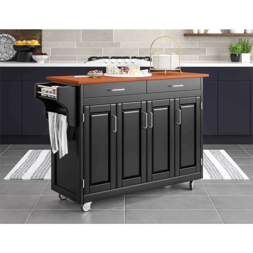Black Wood Kitchen Cart with Oak Top and Storage