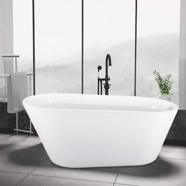 ANGELES HOME 69 in. Acrylic Oval Flatbottom Freestanding Soaking Bathtub in Glossy White Overflow and Pop-Up Drain