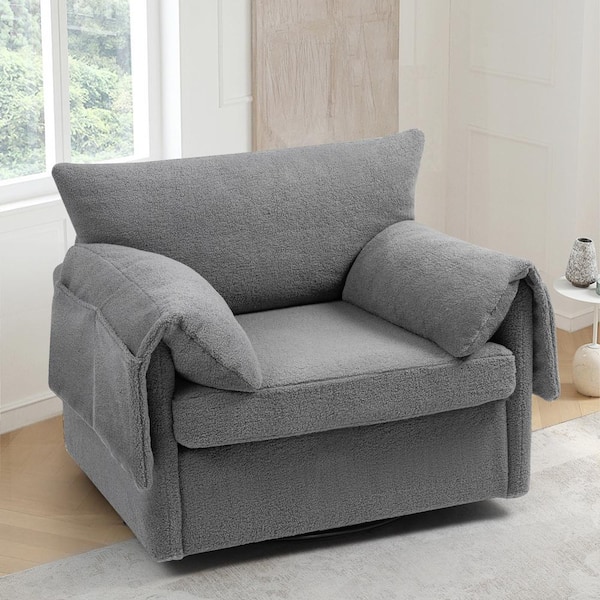 Harper & Bright Designs Gray Oversized 360° Swivel Armchair Modern Teddy Fabric Accent Chair with Storage Pockets