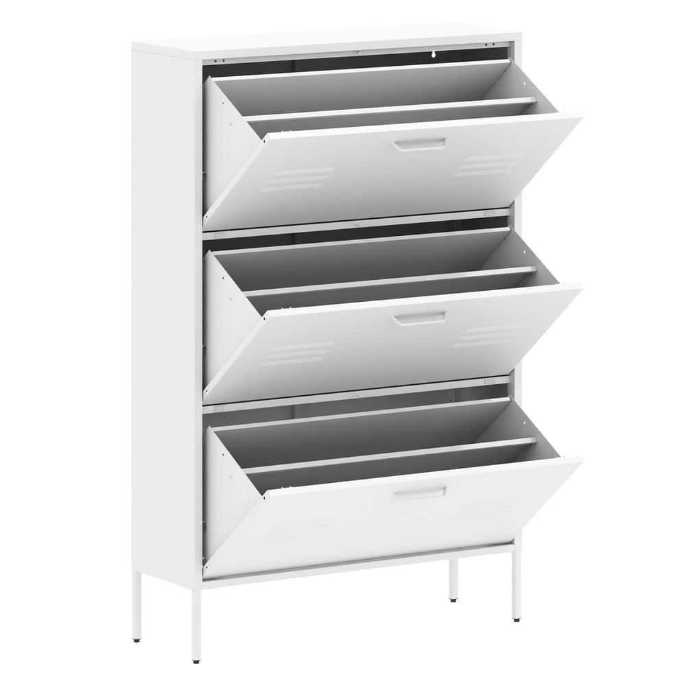 46 in. H x 32 in. W White Metal Shoe Storage Cabinet with 3 Flip Drawers 24