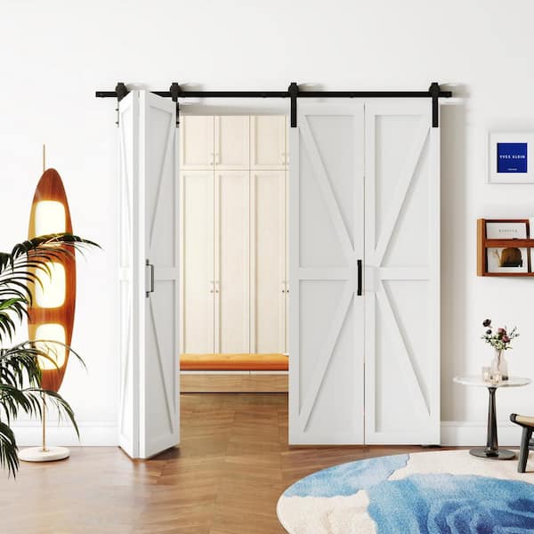 72 in. W. x 84 in. (Double 36 in. W Door) White, MDF, K Shaped, Bi-Fold Style Sliding Barn Door with Hardware Kit