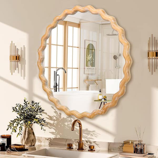 Seafuloy 27.56 in. W x 27.56 in. H Natural Round Wavy Wall Mirror, Wooden Farmhouse Circle Mirror for Bathroom/Bedroom/Entryway