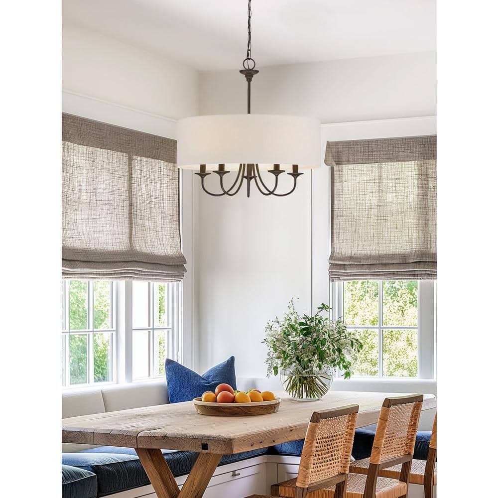 Oil-Rubbed Bronze 5-Light Chandelier with White Linen Drum Shade