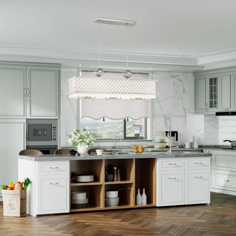 Arabesque Brushed Nickel 9-Light Linear Chandelier with Fabric Shade