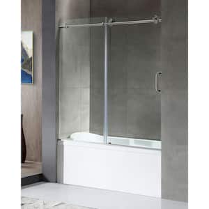 Don Series 60 in. x 62 in. Frameless Sliding Tub Door in Brushed Nickel with Handle