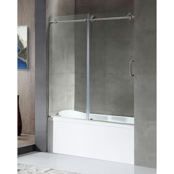 ANZZI Don Series 60 in. x 62 in. Frameless Sliding Tub Door in Brushed Nickel with Handle