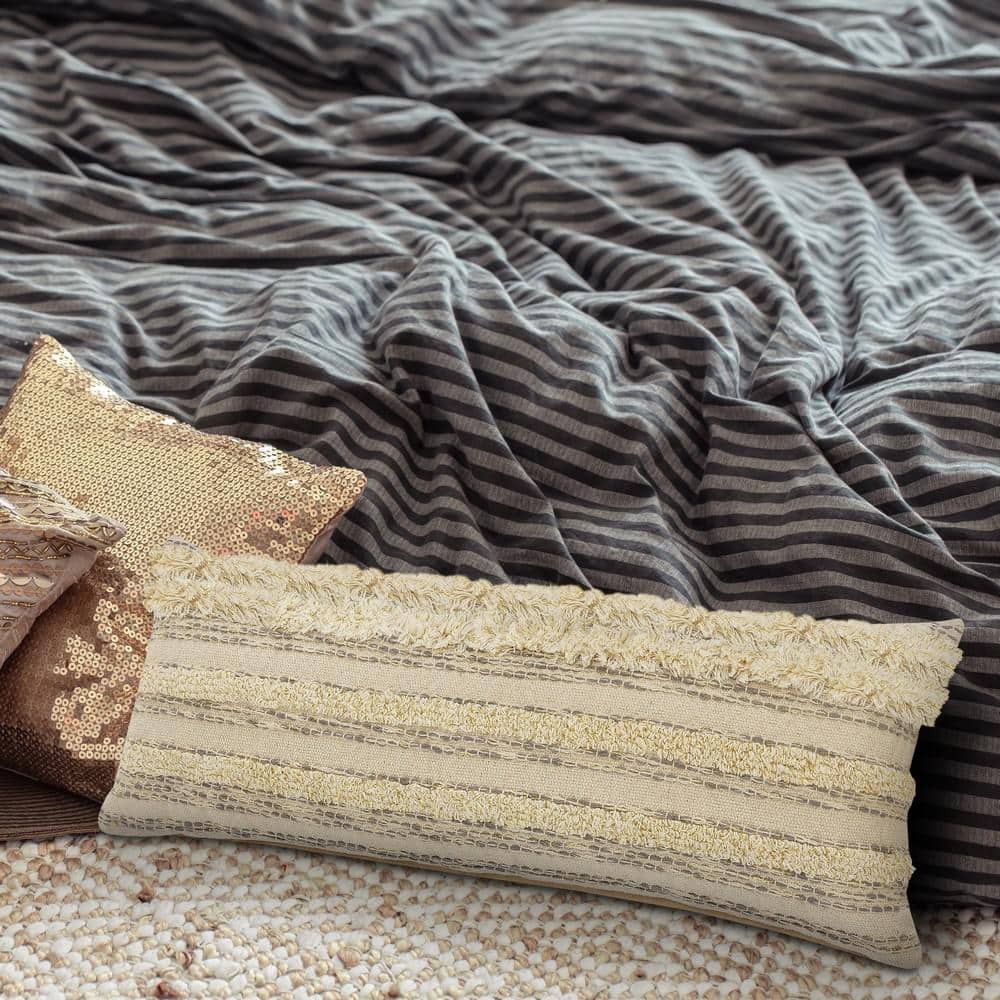 Cream and Gray Rectangular Luxury Throw Pillow with Gold Thread, 14 x 36 inches
