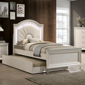 2 Piece Penella Pearl White Twin Youth Bed with Trundle and LED Headboard