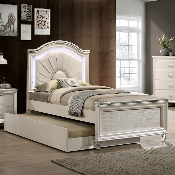 Panella 2 Piece Pearl White Twin Youth Bed with Trundle and LED Headboard