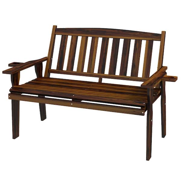 Unbranded 47.25 in. Rustic Carbonized Wood Outdoor Bench for Two with Cupholder Armrests