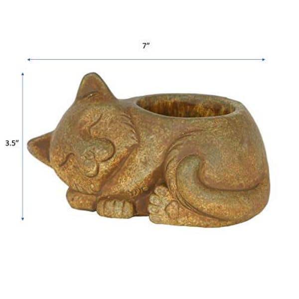 Small Rust Brown Cement Sleeping Cat Planter with Drainage Hole