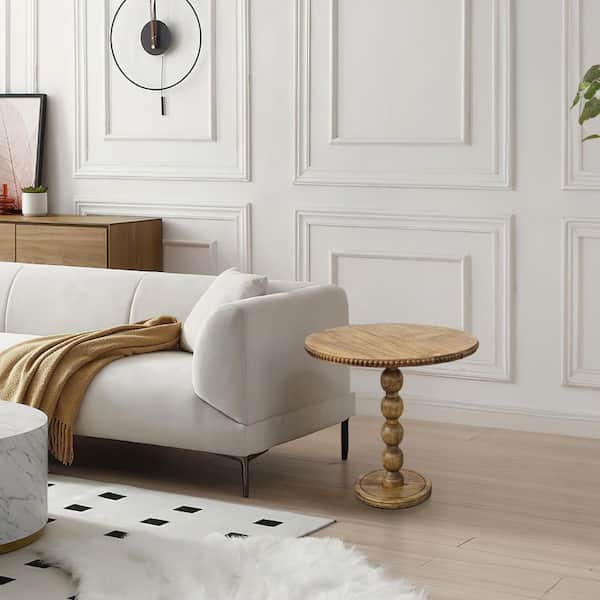 THE URBAN PORT 21 in. Brown Round Wood Side/End Table with Wooden Frame