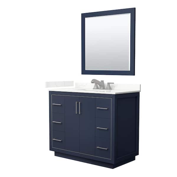 Wyndham Collection Icon 42 in. W x 22 in. D x 35 in. H Single Bath Vanity in Dark Blue with Giotto Quartz Top and 34 in. Mirror