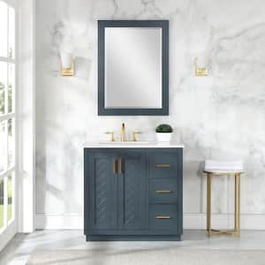 Gazsi 36 in. W x 22 in.D x 34 in. H Single Sink Bath Vanity in Classic Blue with White Composite Stone Top and Mirror