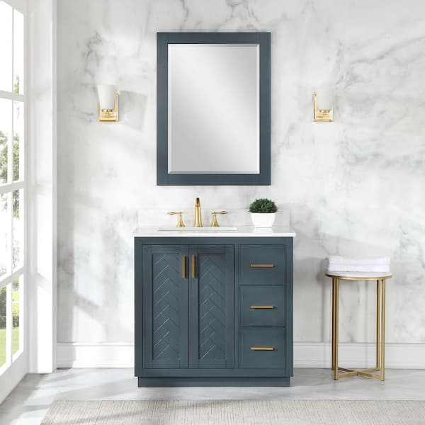 Altair Gazsi 36 in. W x 22 in. D x 34 in. H Single Sink Bath Vanity in Charcoal Blue with White Composite Stone Top and Mirror