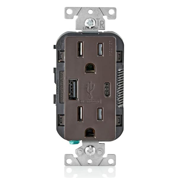 15 Amp Decora Type A and C USB Charger Tamper-Resistant Outlet, Brown T5633-B