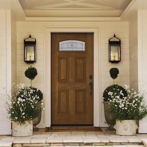 36 in. x 80 in. Left-Hand Camber Top Tryon Decorative Glass Mocha Stain Fiberglass Prehung Front Door w/Brickmould