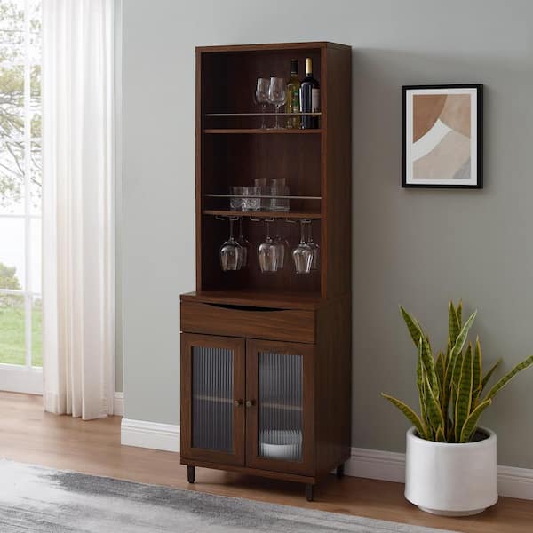 Welwick Designs Dark Walnut Transitional Fluted-Door Bar Hutch with Stemware Racks