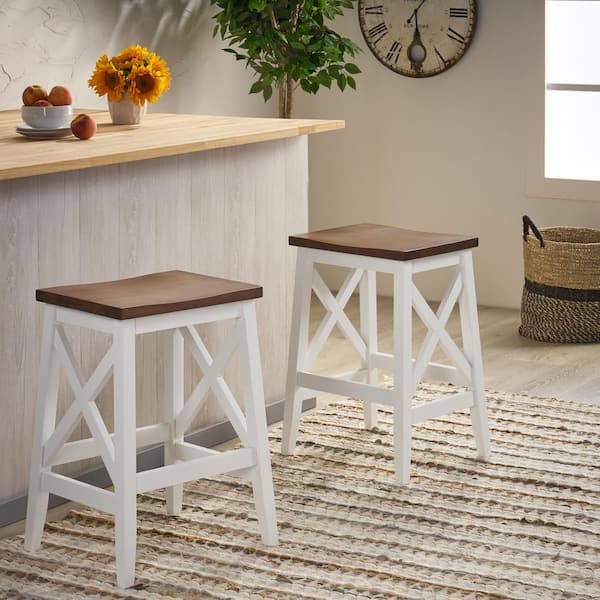 Noble House Heffley 25.75 in. White and Walnut Bar Stool (Set of 2) 67986 The Home Depot