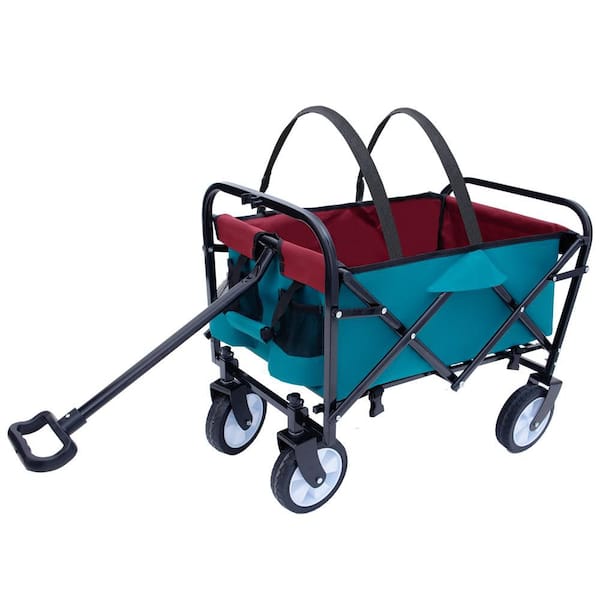 Unbranded 3 cu. ft. Collapsible Foldable Wagon Cart Steel Garden Cart with 3-Pieces Plastic Liner Bag /Cover, Cyan