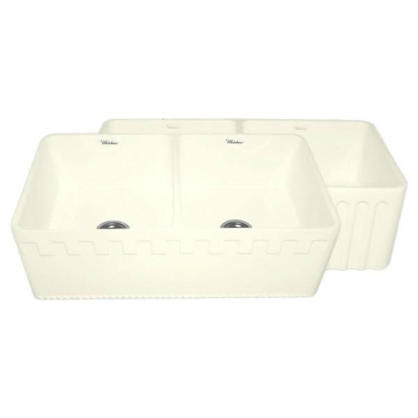 Whitehaus Collection Castlehaus Reversible Farmhaus Series Farmhouse Apron Front Fireclay 33 in. 0-Hole Double Bowl Kitchen Sink in Biscuit