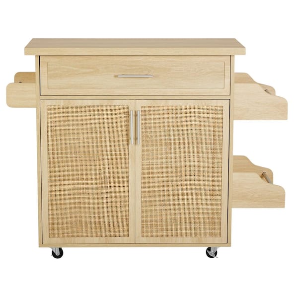 34 in. W x 15 in. D x 35 in. H Dark Oak Kitchen Cart Island, Wood Top with Drawer, Spice Rack Towel Bar, 2-Door Cabinets