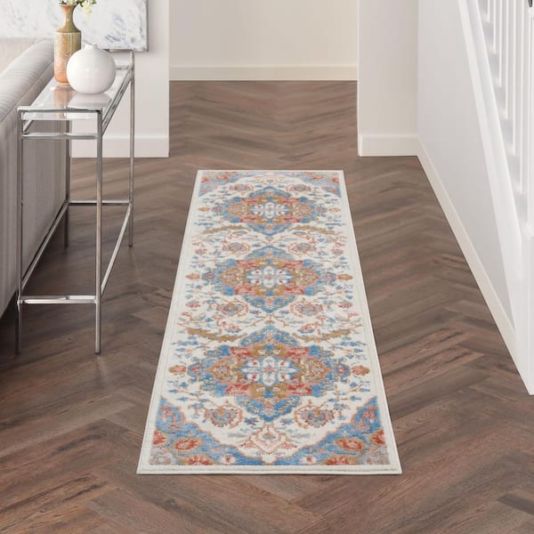Elation Ivory Blue 2 ft. x 8 ft. Center Medallion Traditional Kitchen Runner Area Rug
