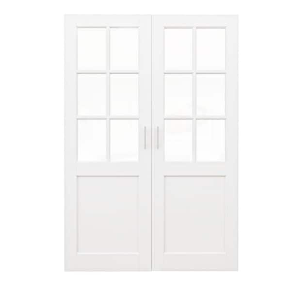 60 in. x 80 in. 6 Lite Clear Glass White Solid Core Wood French Door without Jamb Interior Door Slab with Ball Catch