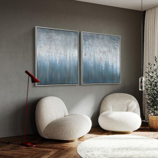 Blue Rain Textured Metallic Hand Painted by Martin Edwards Framed Abstract Diptych Set Canvas Wall Art