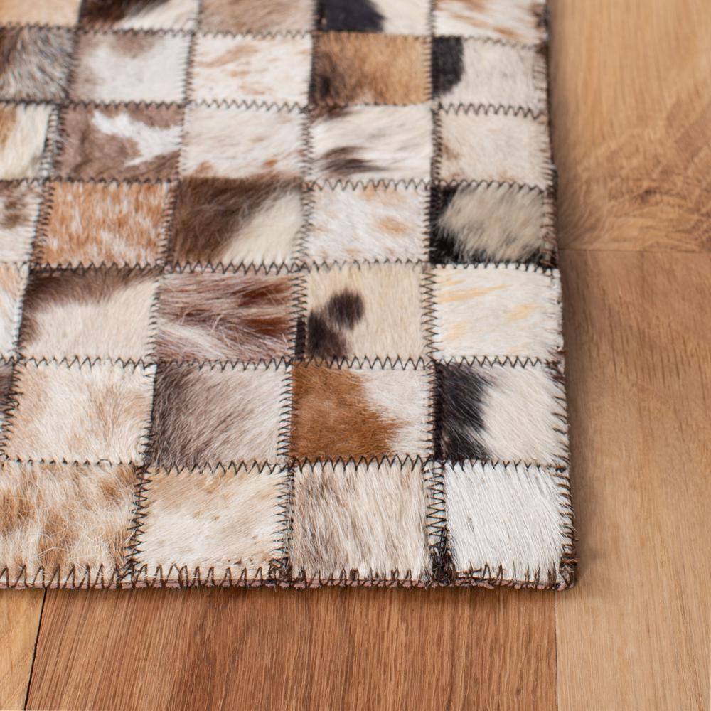 Beige and Brown Hand-Knotted Geometric Cowhide Rug