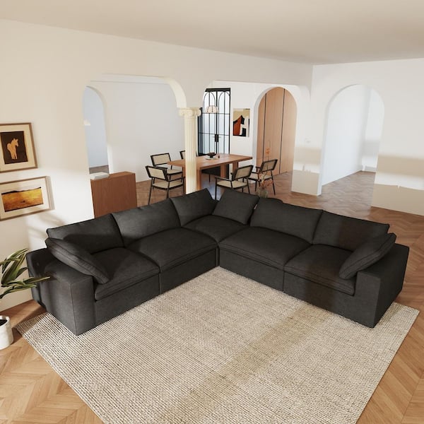 118 in. Square Arm 5-Piece Linen L-Shaped Modular Sectional Sofa Corner Cloud Couch in. Black