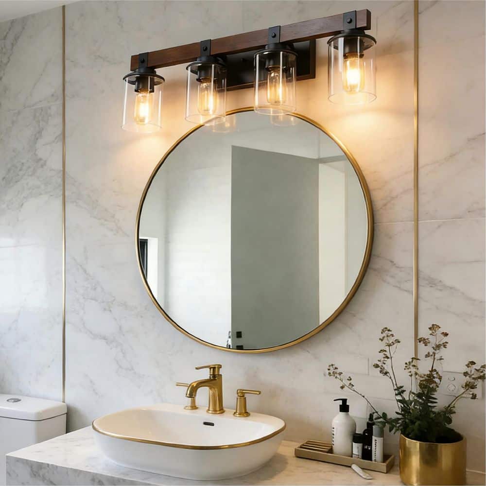 27.2 in. 4-Light Black Farmhouse Rustic Bathroom Vanity Light with Walnut Solid Wood and Clear Glass Shades price history on PriceWatchPro
