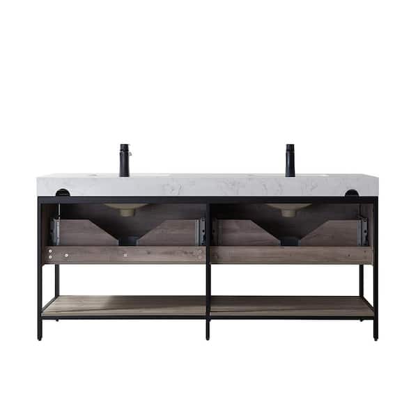 ROSWELL Palma 72 in. W x 22 in. D x 33.9 in. H Bath Vanity in Moxican Oak with White Stone Grain Composite Top without Mirror