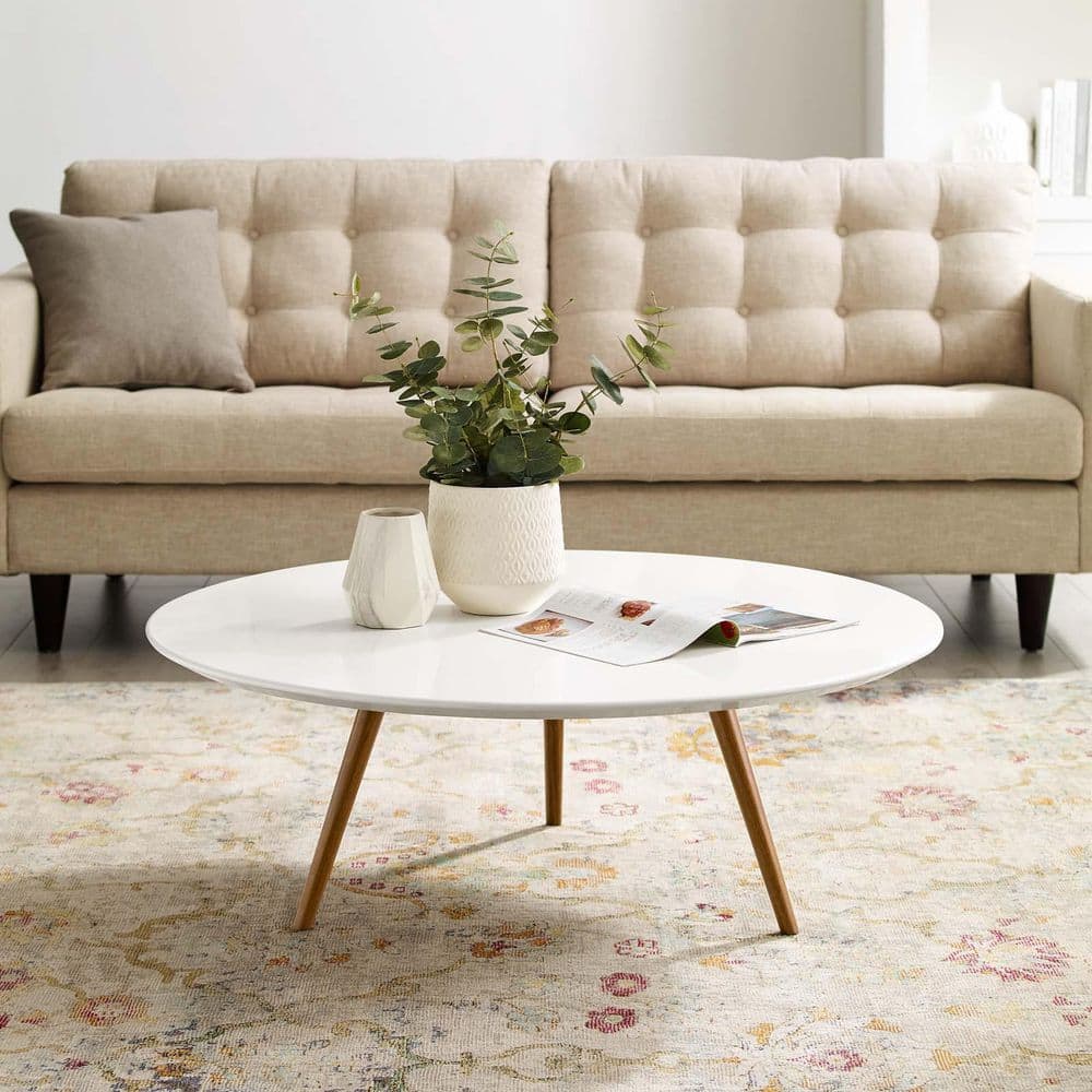 Lippa 40 in. White Round MDF Wood Coffee Table with Walnut Tripod Base