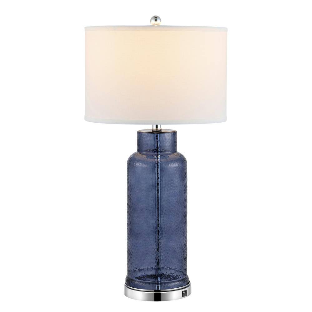 Blue Glass Table Lamp Set with Silver Base and USB Port