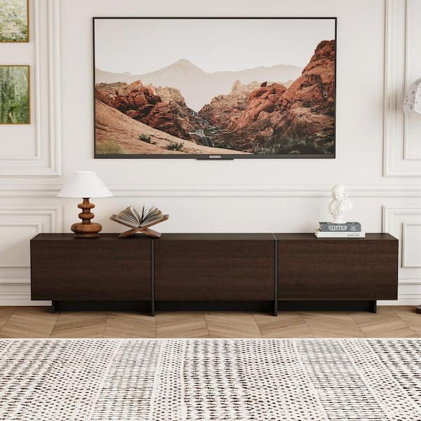 Brown and Black Wooden TV Console Table, TV Stand, Entertainment Center Fits TV's up to 75 in. with 3-Doors, 3-Shelves