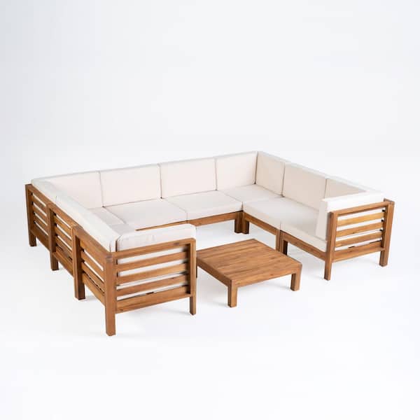 Noble House Oana Teak Brown 9-Piece Wood Patio Conversation Sectional Seating Set with Beige Cushions