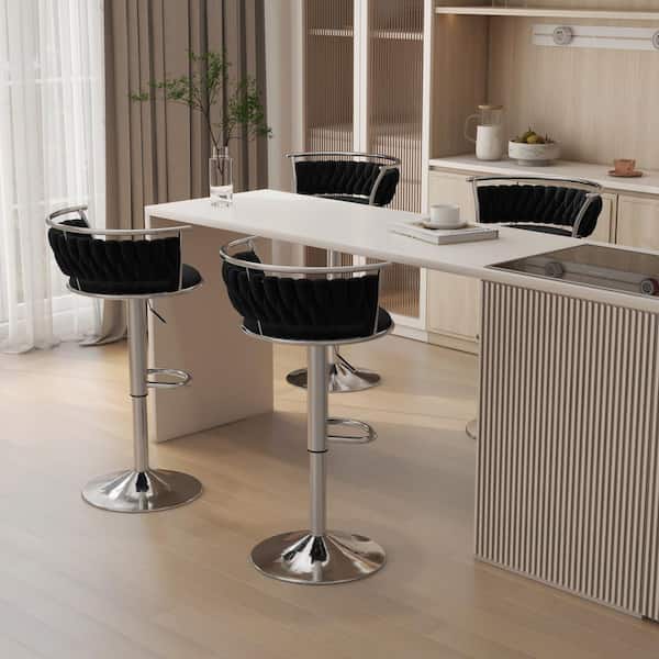 Uixe 38.5 in. Modern Silver Metal Frame Low Back Swivel Adjustable Height Bar Stool with Black Velvet Seat (set of 4)