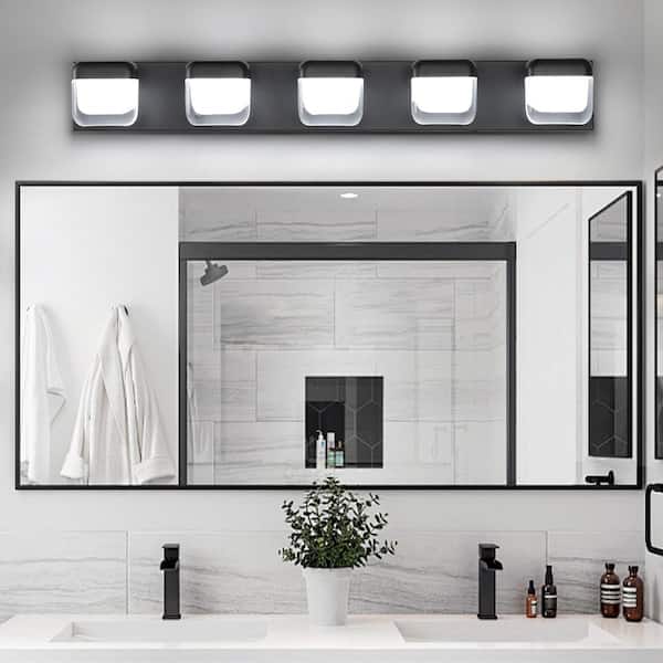 35.43 in. 5 Light Black Vanity Light Bar with Matte Black Finish and Translucent Lampshade Dimmable 5500K Light