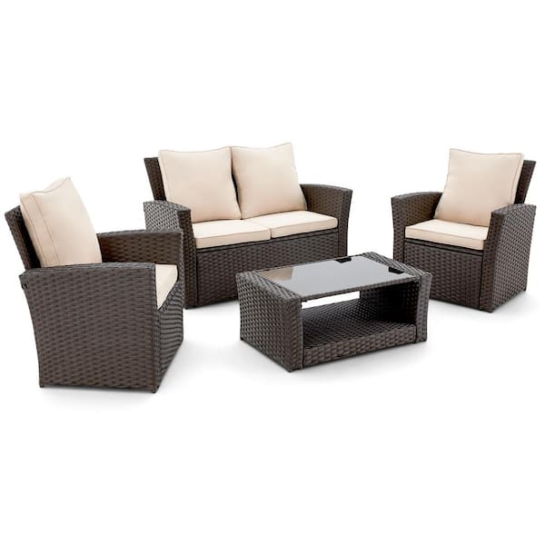 Unbranded 4-Piece PE Rattan Wicker Patio Conversation Set with Beige Cushions with Glass Tabletop