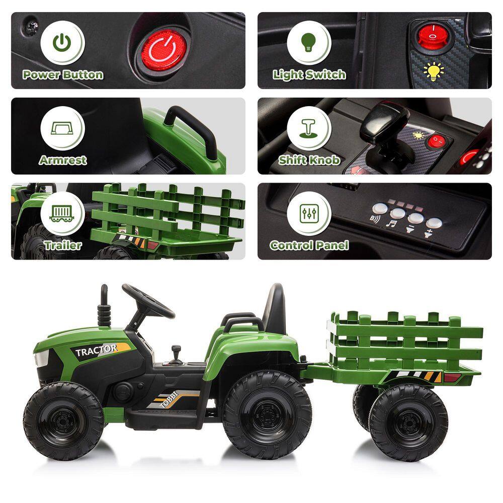 12V Green Ride-On Tractor with Trailer and LED Lights