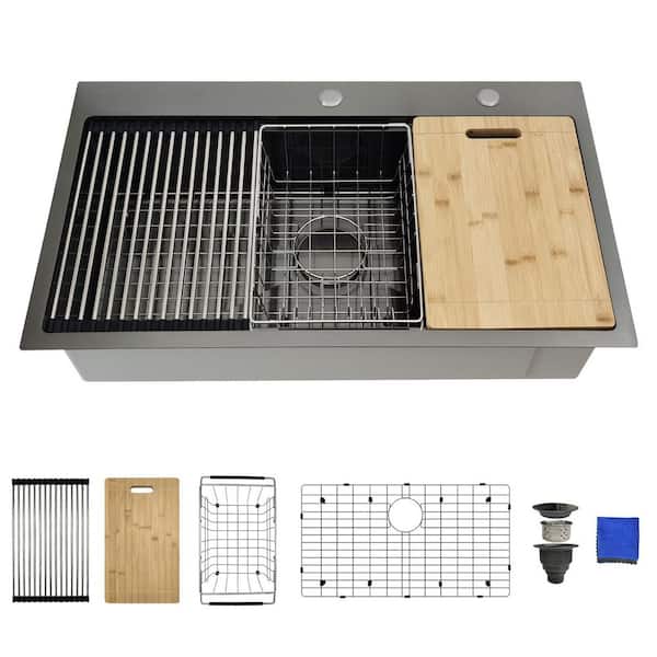33 x 19 Black Drop In Kitchen Sink Workstation-16-Gauge Stainless Steel Top Mount Single Bowl with 6-Accessories