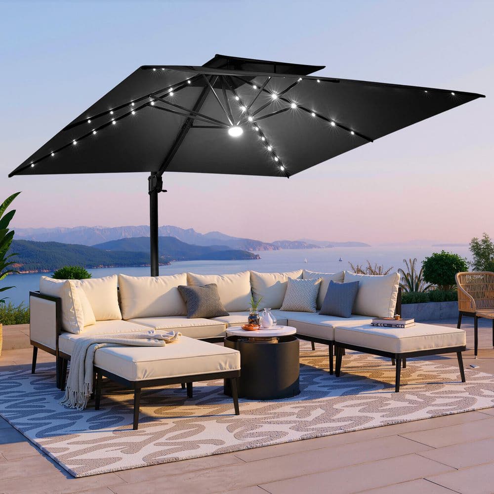 11 ft. x 11 ft. Cantilever Patio Umbrella Solar LED Lights Double Top Offset Outdoor Umbrella in Black with Cross Stand price history on PriceWatchPro