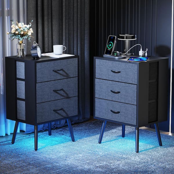 Black 2-Piece Modern Nightstand w/ Charging Station and LED Light, 3 Fabric Drawer Per Nightstand,End Table for Bedroom